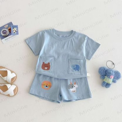 Baby Toddler Animal Pocket Tee and Shorts 2-piece Set - Blue - 4-5T - image 2