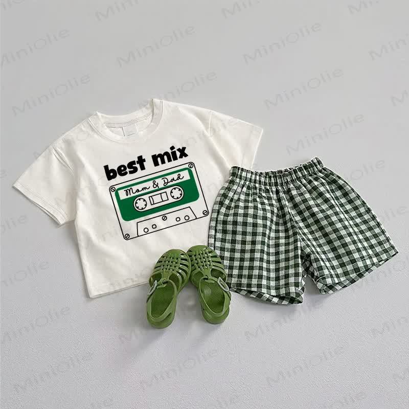 BEST MIX MOM & DAD Baby Tee and Green Plaid Shorts 2-Piece Set - White&Green - 3-5T - image 1