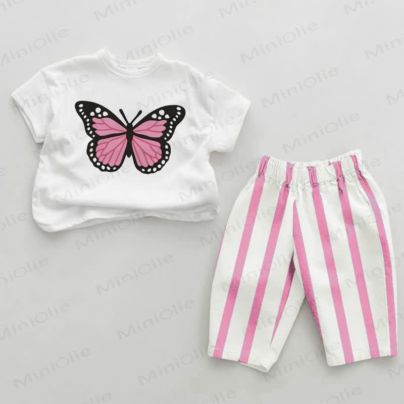 Baby Girls Butterfly Print Pink Vertical Striped 2-piece Set - White&Pink - 2-3T - image 1