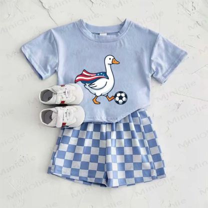 Baby Blue American Goose Print T-shirt and Plaid Pants 2-Piece Set - Blue - 2-3T - image 1