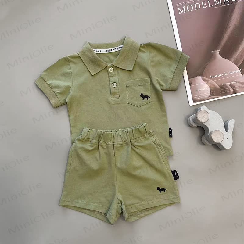 Baby Toddler Soft Puppy Print Polo Shirt and Shorts 2-piece Set - Green - 4-5T - image 3
