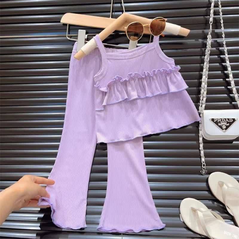 Toddler Girl Solid Color Ribbed Ruffle Cami Top and Pants 2-piece Set - Purple - 8-9T - image 4