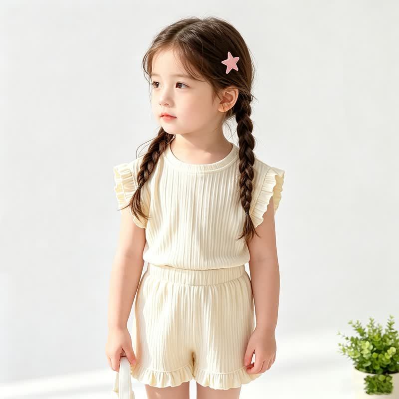 Toddler Girl Solid Color Ribbed Top and Shorts 2-piece Sleeveless Set - Beige - 8-9T - image 3