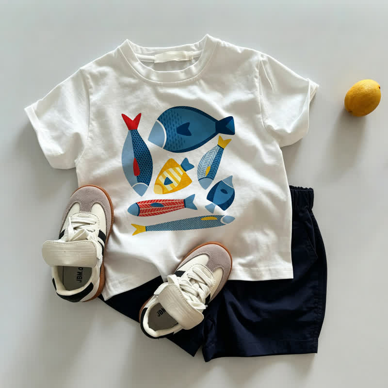 Baby Toddler Fish Print White Tee and Navy Shorts 2-piece Set - White&Navy - 3-5T - image 1