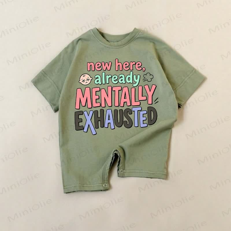 NEW HERE ALREADY MENTALLY EXHAUSTED Baby Slogan Romper - Green - 18-24M - image 1