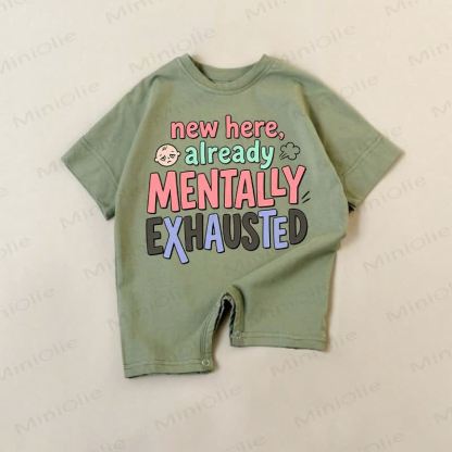 NEW HERE ALREADY MENTALLY EXHAUSTED Baby Slogan Romper - Green - 18-24M - image 1