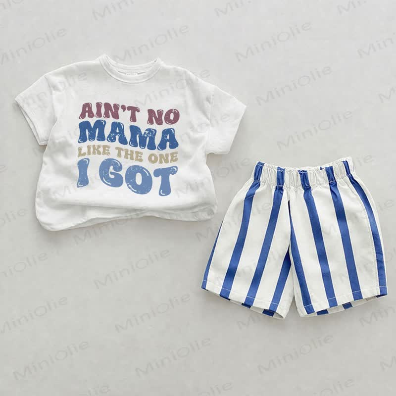 AIN'T NO MAMA LIKE THE ONE I GOT Baby Slogan Blue Vertical Striped 2-piece Shorts Set - White&Blue - 2-3T - image 1