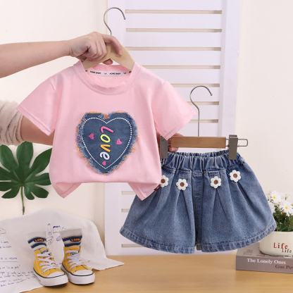 LOVE Girls Heart Denim Sleeveless Set - Pink - 4-5T - image 1