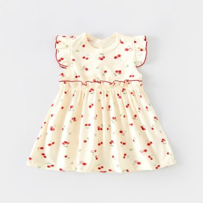 Toddler Baby Girl Beige Flutter Sleeve Dress - Beige Cherry - 6-7T - image 2