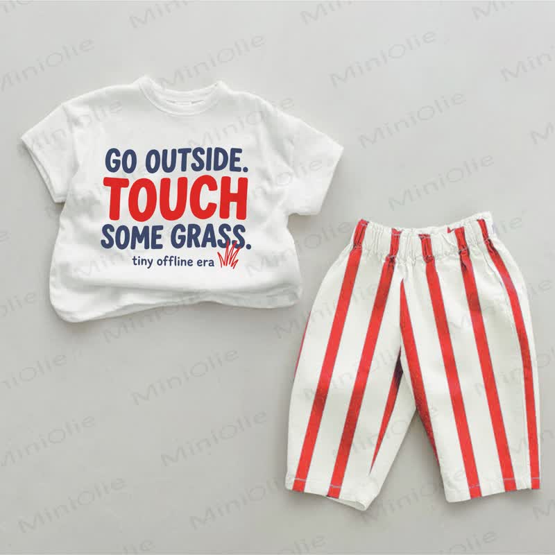 GO OUTSIDE. TOUCH SOME GRASS. TINY OFFLINE ERA Baby Red Striped 2-piece Set - White&Red - 4-5T - image 1