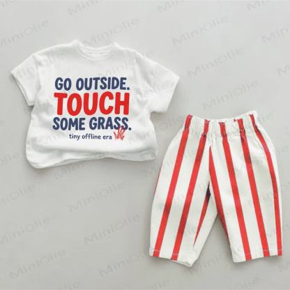 GO OUTSIDE. TOUCH SOME GRASS. TINY OFFLINE ERA Baby Red Striped 2-piece Set - White&Red - 4-5T - image 1