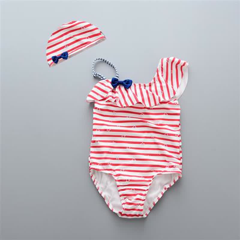Baby Girls Red Stripe Ruffle One Piece Swimwear - Red - 4-5T - image 2