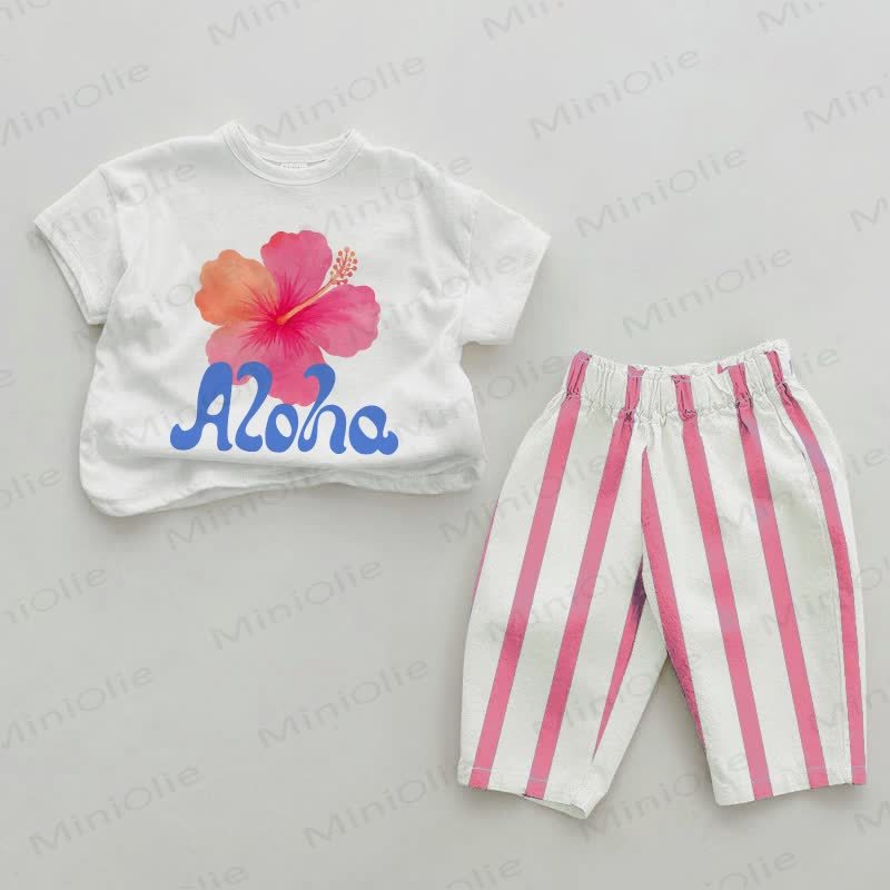 ALOHA Baby Flower Print Pink Vertical Striped 2-piece Set - White&Pink - 2-3T - image 1