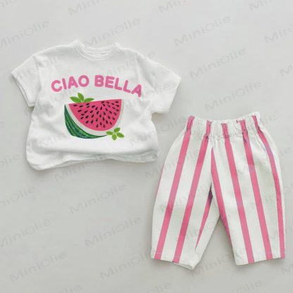 CIAO BELLA Baby Watermelon Print Pink Vertical Striped 2-piece Set - White&Pink - 2-3T - image 1