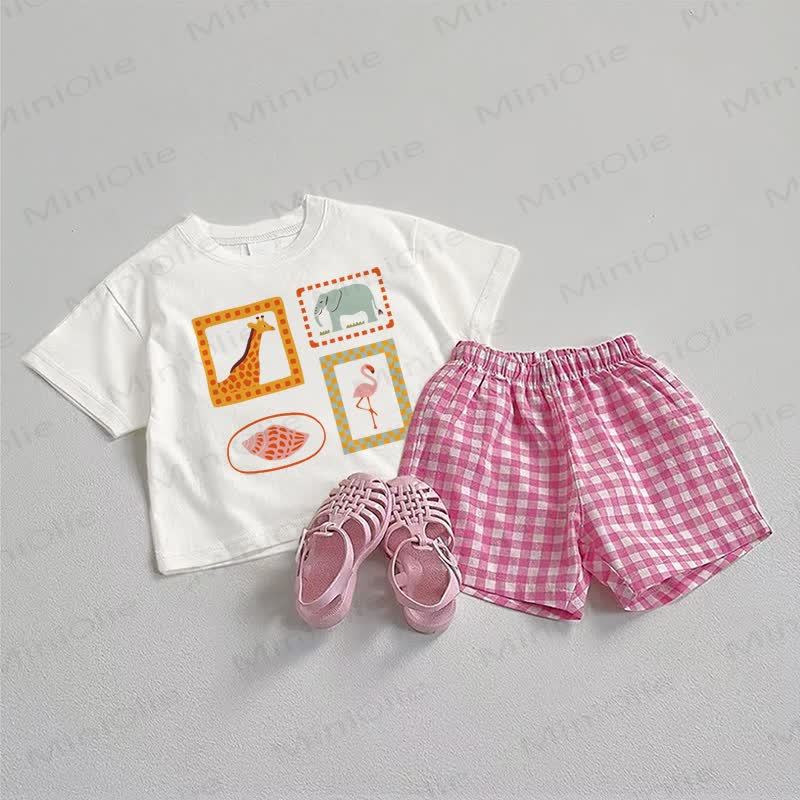 Baby Animal Tee and Pink Plaid Shorts 2-Piece Set - White&Pink - 3-5T - image 1