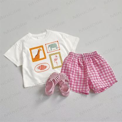 Baby Animal Tee and Pink Plaid Shorts 2-Piece Set - White&Pink - 3-5T - image 1