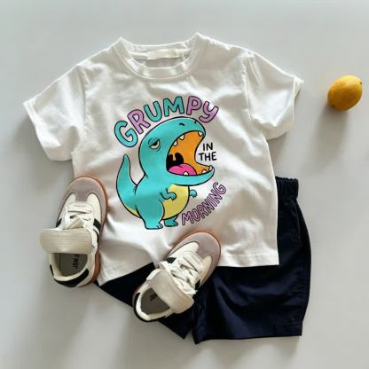 GRUMPY IN THE MORNING Baby Toddler White Tee and Navy Shorts 2-piece Set - White&Navy - 3-5T - image 1