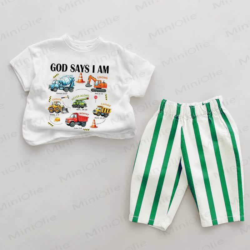 GOD SAYS I AM Baby Green Excavator Print Striped 2-piece Set - Green&White - 2-3T - image 1