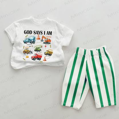 GOD SAYS I AM Baby Green Excavator Print Striped 2-piece Set - Green&White - 2-3T - image 1