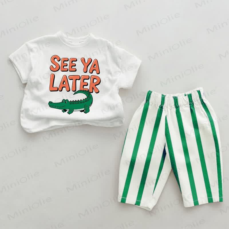 SEE YA LATER Baby Green Crocodile Print Striped 2-piece Set - Green&White - 2-3T - image 1