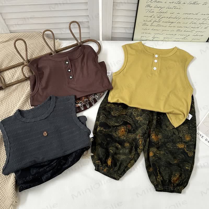 Toddler Sleeveless Button Top And Printed Pants Set - image 1