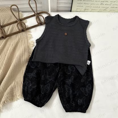 Toddler Sleeveless Button Top And Printed Pants Set - Grey - 10-11T - image 3