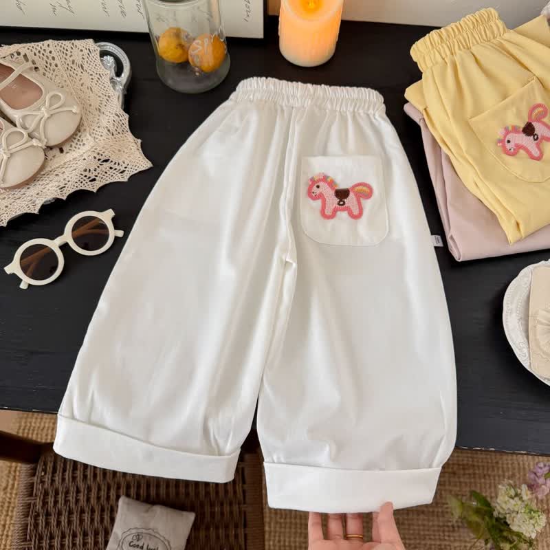 Toddler Girls Horse Embroidery Pocket Lounge Pants - White - 10-11T - image 2