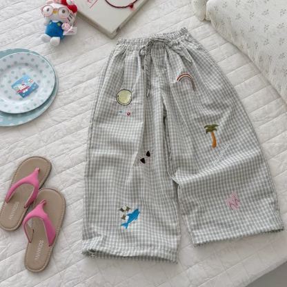 Toddler Beach-themed Embroidered Plaid Pants - Green - 6-7T - image 3