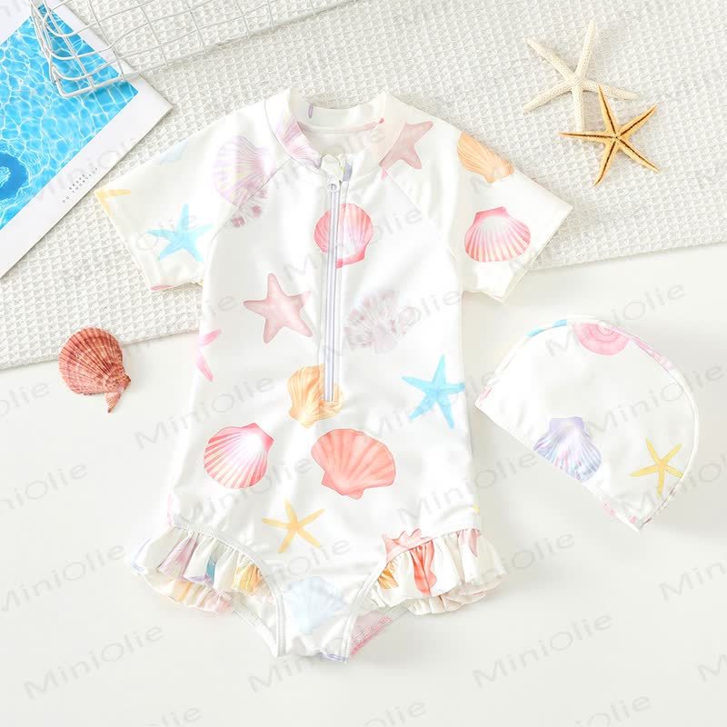 Toddler Girls Ruffle Rash Guard One Piece Swimsuit with Swim Cap - White Starfish - 8-9T - image 2