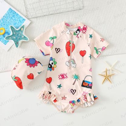 Toddler Girls Ruffle Rash Guard One Piece Swimsuit with Swim Cap - White Strawberry - 8-9T - image 3
