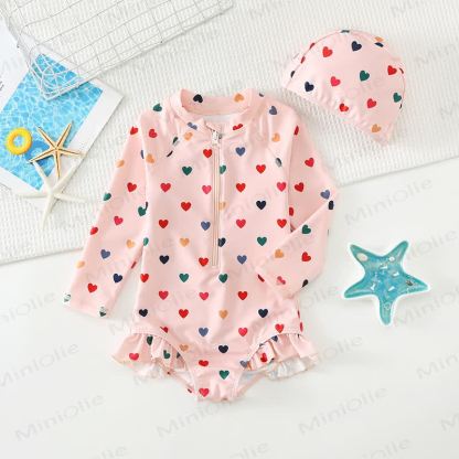 Toddler Girls Ruffle Rash Guard One Piece Swimsuit with Swim Cap - White Heart - 8-9T - image 6