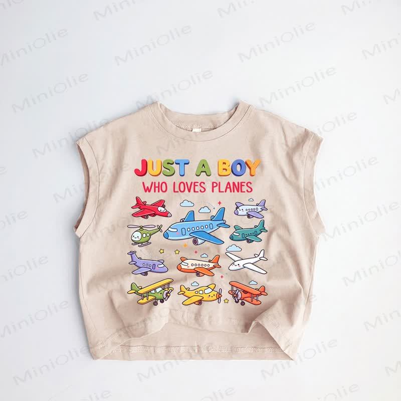 JUST A BOY WHO LOVES PLANES Baby Toddler Boys Planes Khaki Tank Top - Khaki - 3-5T - image 1
