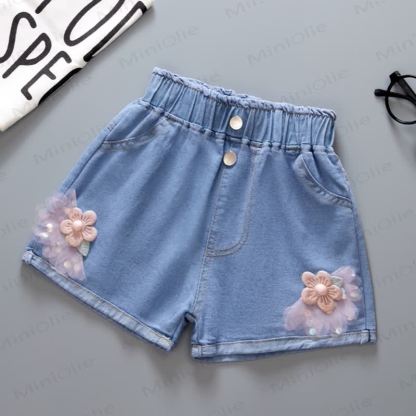 Toddler Girl Denim Bow Shorts - Pink Flower - 8-9T - image 4