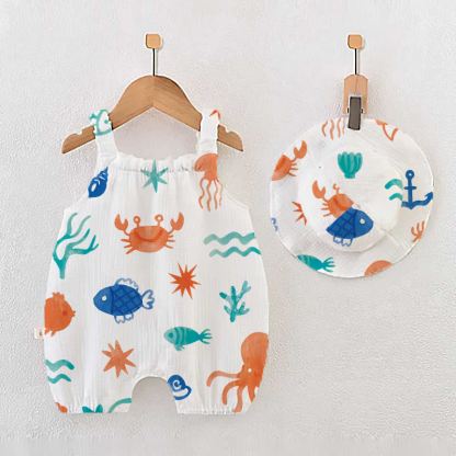 Baby Girl White Crab and Fish Print Romper with Hat - White - 18-24M - image 1