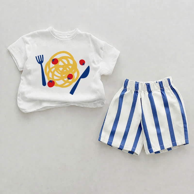 Baby Food Print Blue Vertical Striped 2-piece Shorts Set - White&Blue - 2-3T - image 1