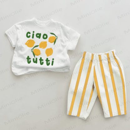 CIAO TUTTI Baby White&Yellow Lemon Print Vertical Striped 2-piece Set - White&Yellow - 2-3T - image 1