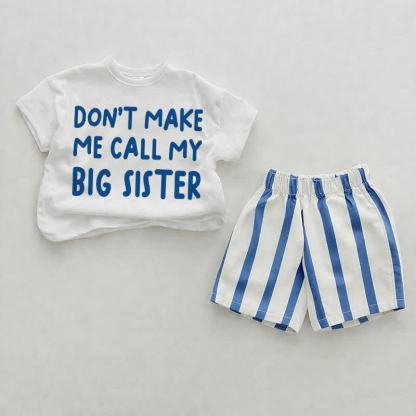 DON'T MAKE ME CALL MY BIG SISTER  Print Blue Vertical Striped 2-piece Shorts Set - White&Blue - 2-3T - image 1
