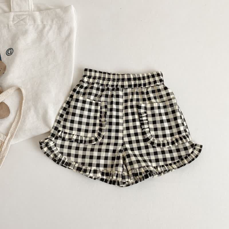 Toddler Girls Cotton Plaid Ruffle Trim Pocket Shorts - Black - 6-7T - image 2