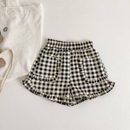 Toddler Girls Cotton Plaid Ruffle Trim Pocket Shorts - Black - 6-7T - image 2