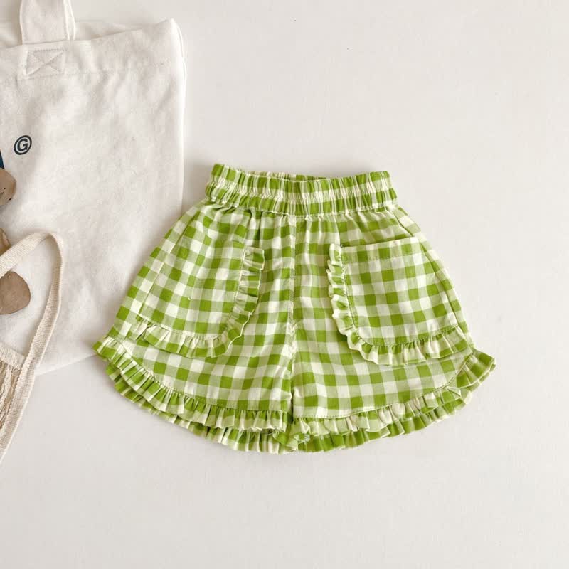 Toddler Girls Cotton Plaid Ruffle Trim Pocket Shorts - Green - 6-7T - image 3