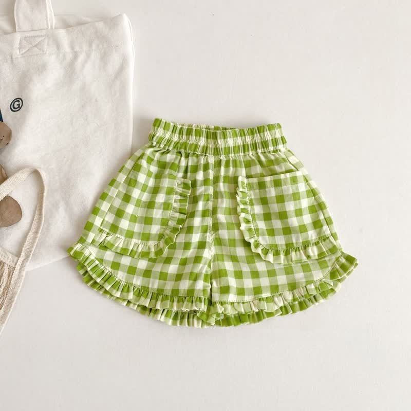 Toddler Girls Cotton Plaid Ruffle Trim Pocket Shorts - Green - 6-7T - image 3