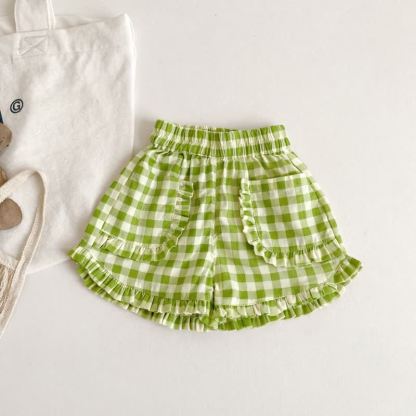 Toddler Girls Cotton Plaid Ruffle Trim Pocket Shorts - Green - 6-7T - image 3