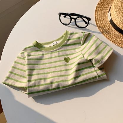 Toddler Girls Heart Striped Casual T-Shirt - Green - 10-11T - image 3