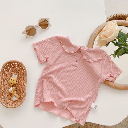 Toddler Girl Solid Color Ruffle Collar Ribbed T-Shirt - Pink - 6-7T - image 3