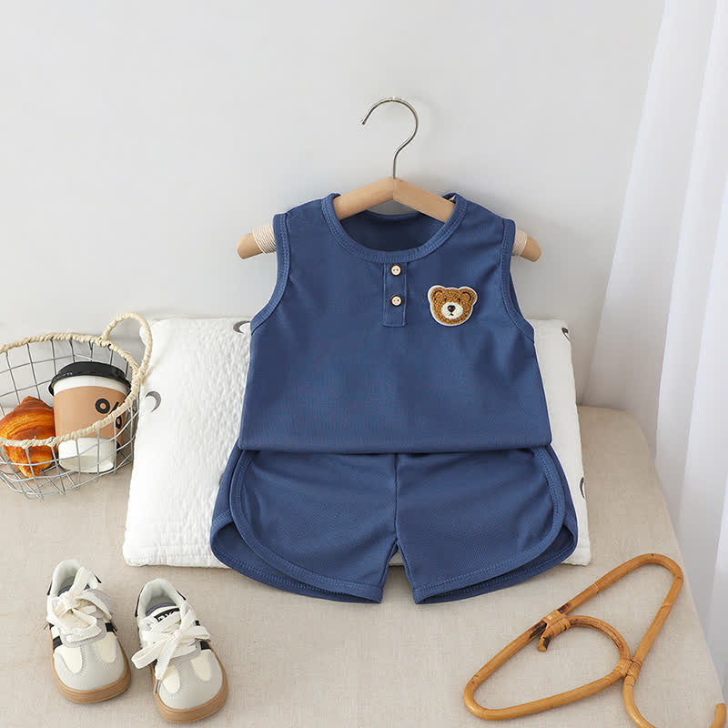 Toddler Solid Color Bear Patch Sleeveless Top and Shorts 2-piece Set - Navy - 6-7T - image 2