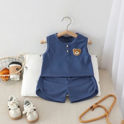 Toddler Solid Color Bear Patch Sleeveless Top and Shorts 2-piece Set - Navy - 6-7T - image 2