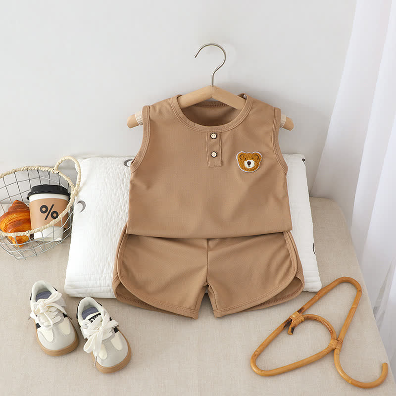 Toddler Solid Color Bear Patch Sleeveless Top and Shorts 2-piece Set - Brown - 6-7T - image 3