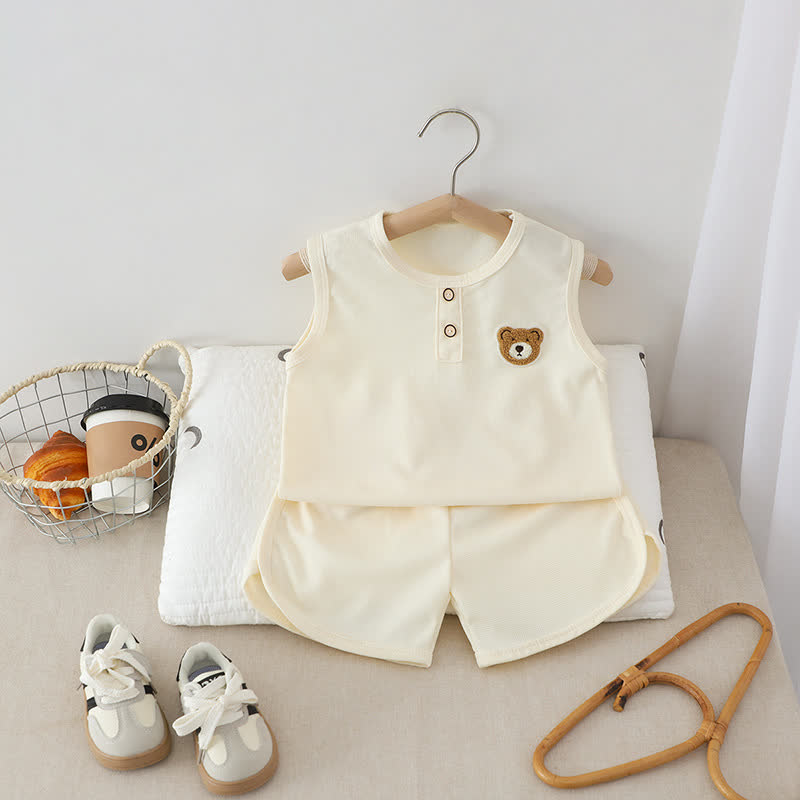 Toddler Solid Color Bear Patch Sleeveless Top and Shorts 2-piece Set - Beige - 6-7T - image 4