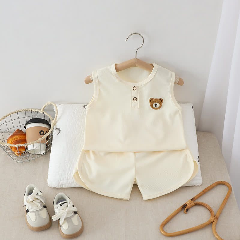Toddler Solid Color Bear Patch Sleeveless Top and Shorts 2-piece Set - Beige - 6-7T - image 4