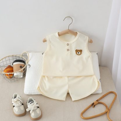 Toddler Solid Color Bear Patch Sleeveless Top and Shorts 2-piece Set - Beige - 6-7T - image 4